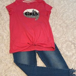 Bebe skinny jeans and flip sequence tunic top